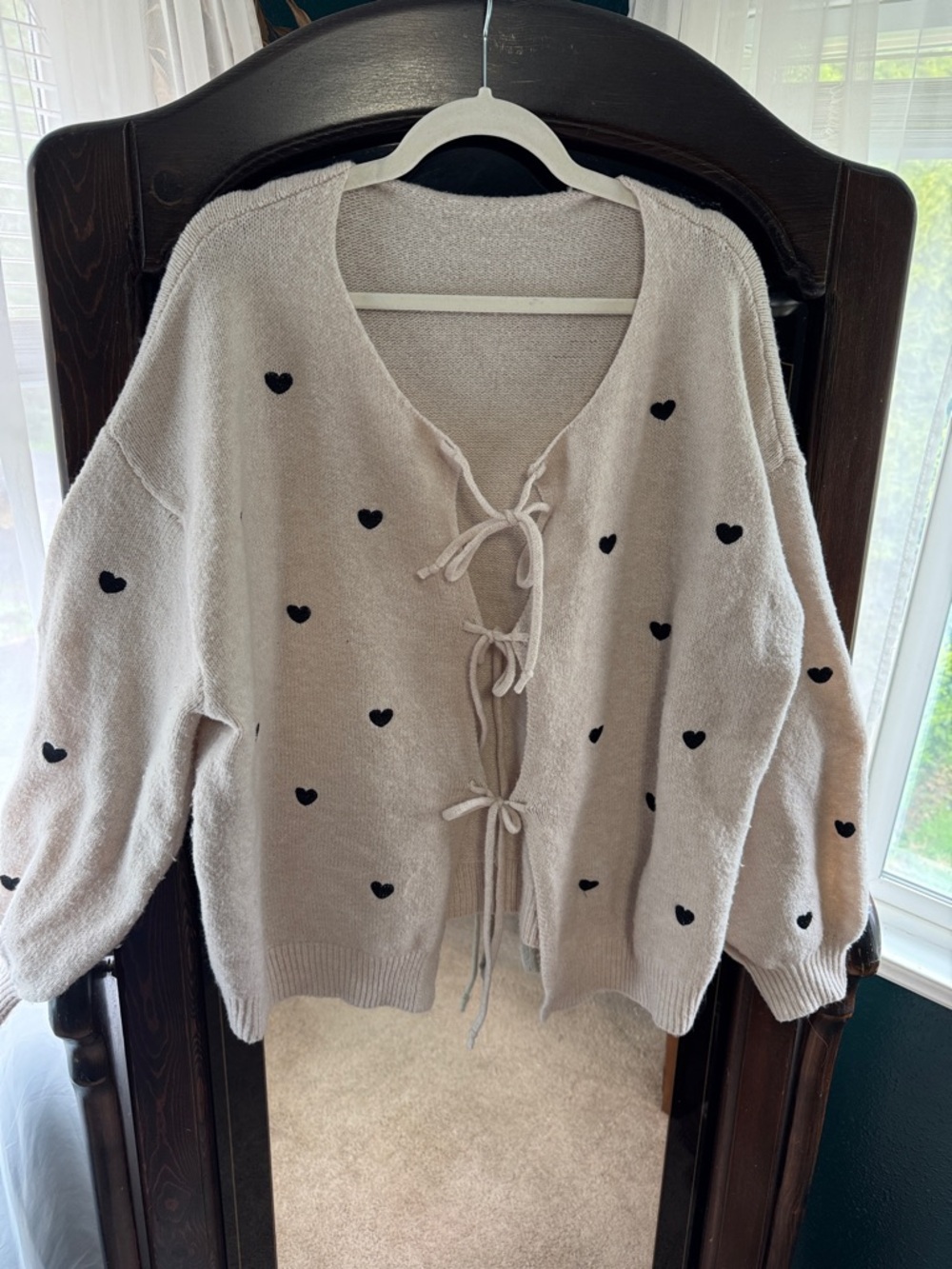 SHEIN Cream Tie-Front Cardigan with Black Heart Details